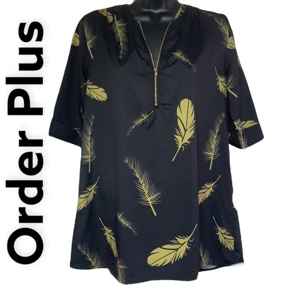 Order Plus Black/Green Leafy Print Roll-Up Sleeve Blouse Size M - Picture 1 of 13